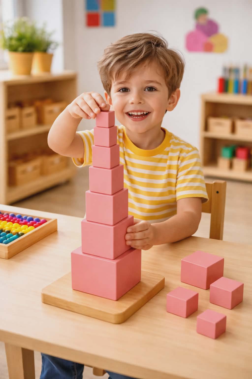 Усмихнато момче изгражда Розовата кула – класически Монтесори материал за възприемане на размери.