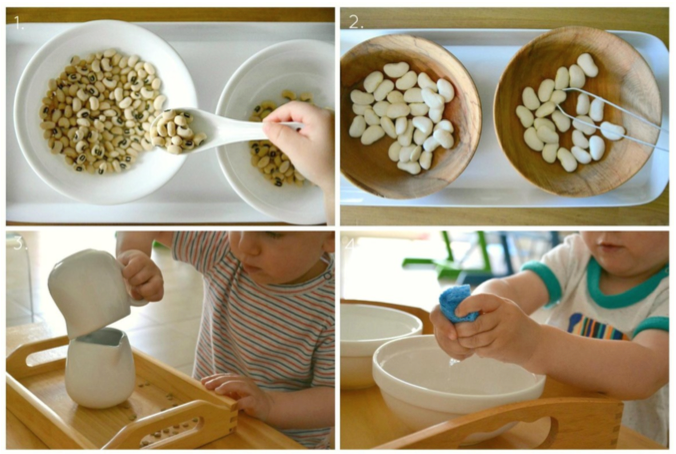 Колаж от ежедневни дейности: пресипване на боб, работа с пинсета, наливане на вода и изцеждане на гъба.